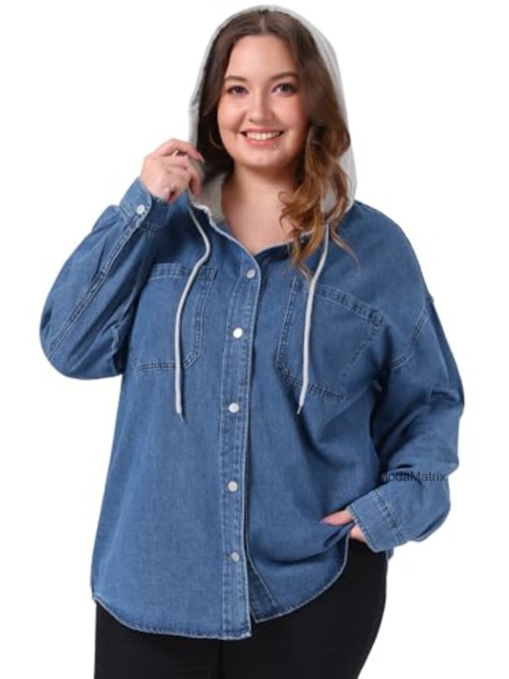 Plus Size Hooded Button Down Denim Jacket Western Oversized Drawstring